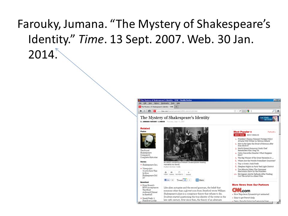 Farouky, Jumana. The Mystery of Shakespeare’s Identity. Time. 13 Sept Web. 30 Jan