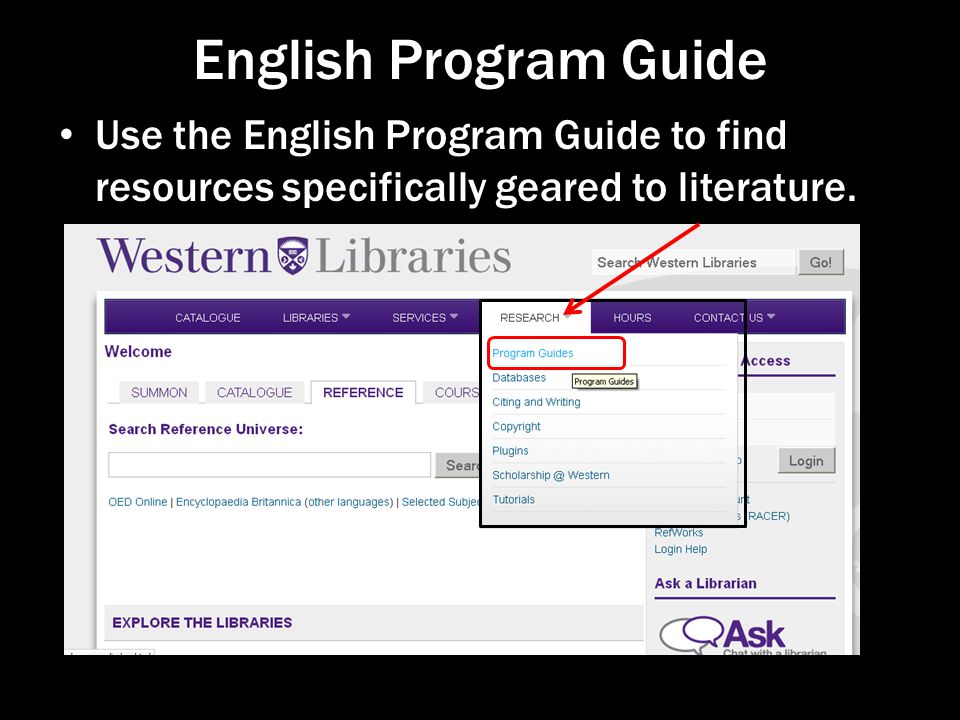 English Program Guide Use the English Program Guide to find resources specifically geared to literature.