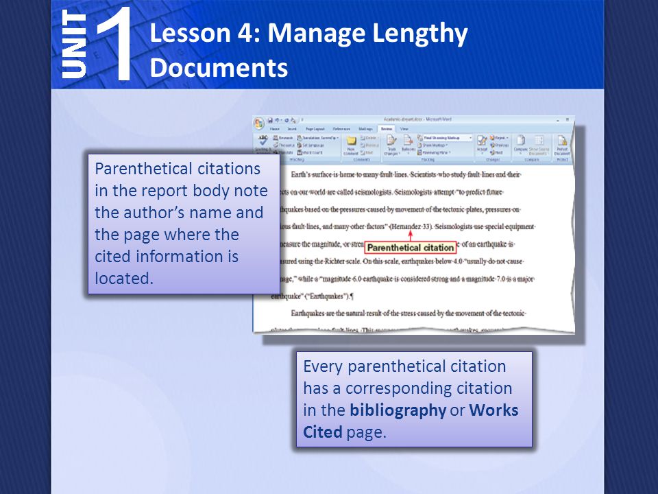 Parenthetical citations in the report body note the author’s name and the page where the cited information is located.