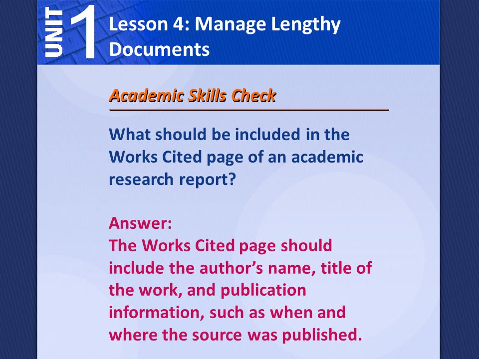 What should be included in the Works Cited page of an academic research report.