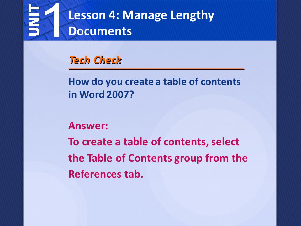 How do you create a table of contents in Word 2007.