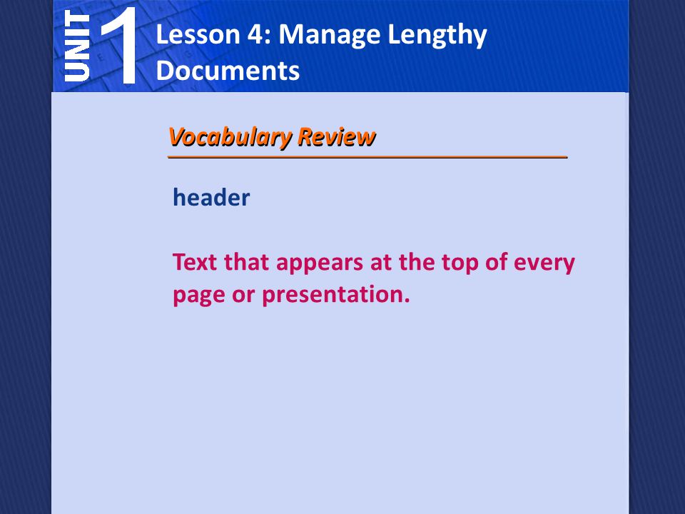 Text that appears at the top of every page or presentation.