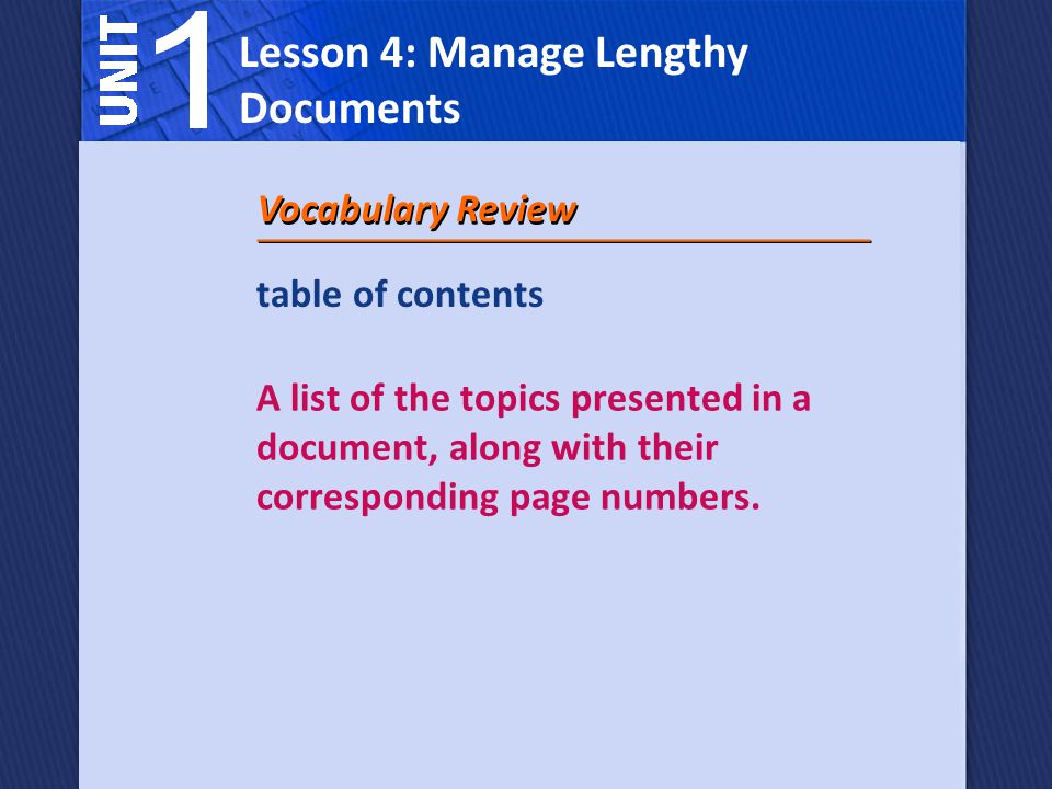 table of contents A list of the topics presented in a document, along with their corresponding page numbers.