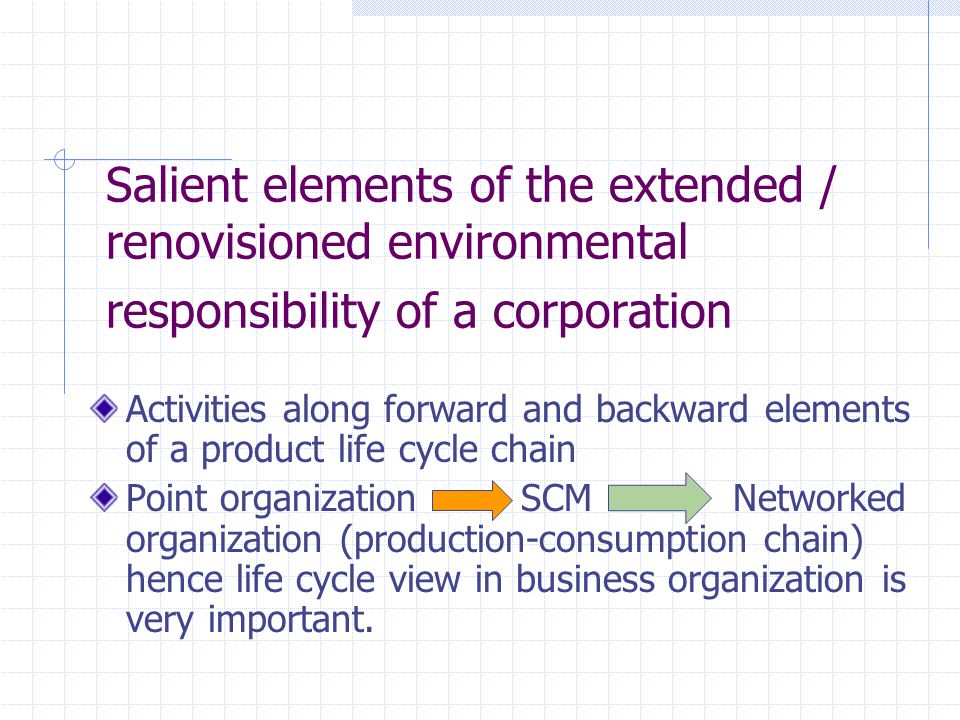 Salient elements of the extended / renovisioned environmental responsibility of a corporation Activities along forward and backward elements of a product life cycle chain Point organization SCM Networked organization (production-consumption chain) hence life cycle view in business organization is very important.