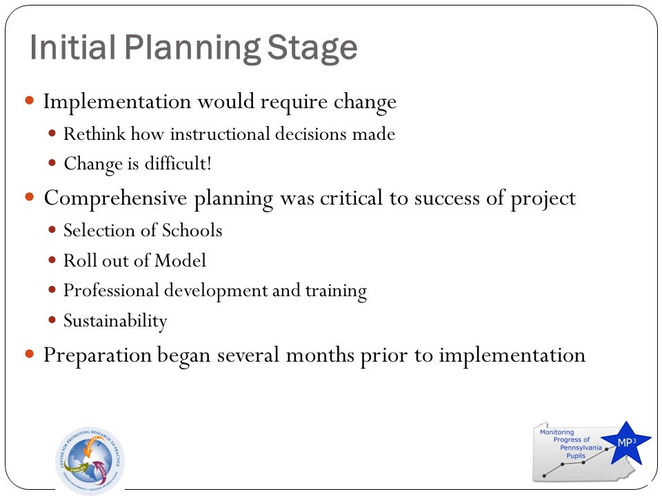 Initial Planning Stage Implementation would require change Rethink how instructional decisions made Change is difficult.