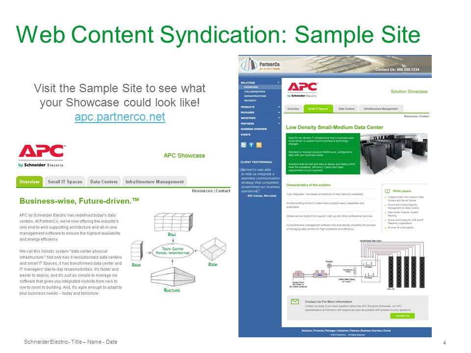 Schneider Electric 4 - Title – Name - Date Web Content Syndication: Sample Site Visit the Sample Site to see what your Showcase could look like.