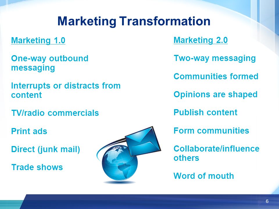 6 Marketing Transformation Marketing 1.0 One-way outbound messaging Interrupts or distracts from content TV/radio commercials Print ads Direct (junk mail) Trade shows Marketing 2.0 Two-way messaging Communities formed Opinions are shaped Publish content Form communities Collaborate/influence others Word of mouth