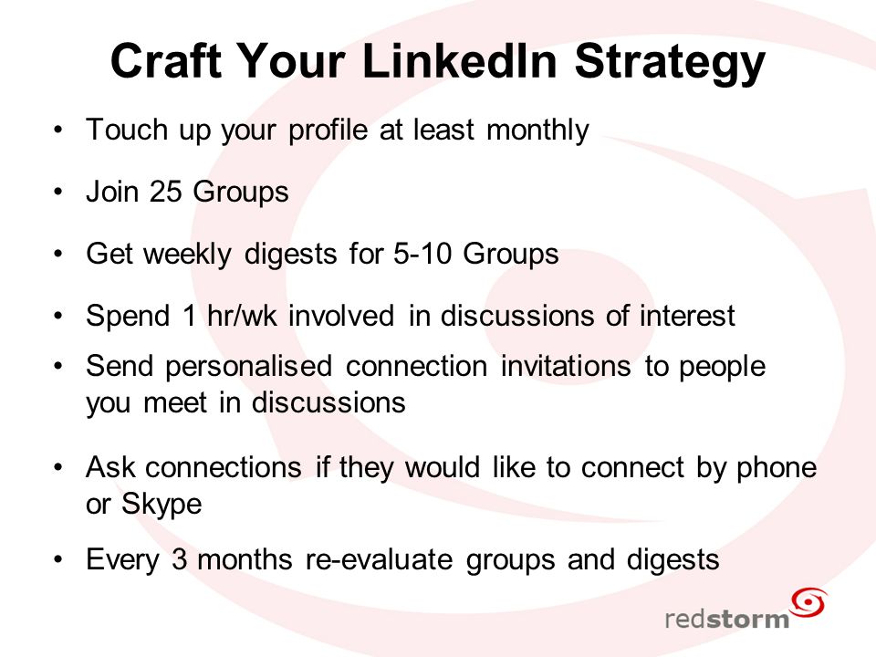 Craft Your LinkedIn Strategy Touch up your profile at least monthly Join 25 Groups Get weekly digests for 5-10 Groups Spend 1 hr/wk involved in discussions of interest Send personalised connection invitations to people you meet in discussions Ask connections if they would like to connect by phone or Skype Every 3 months re-evaluate groups and digests