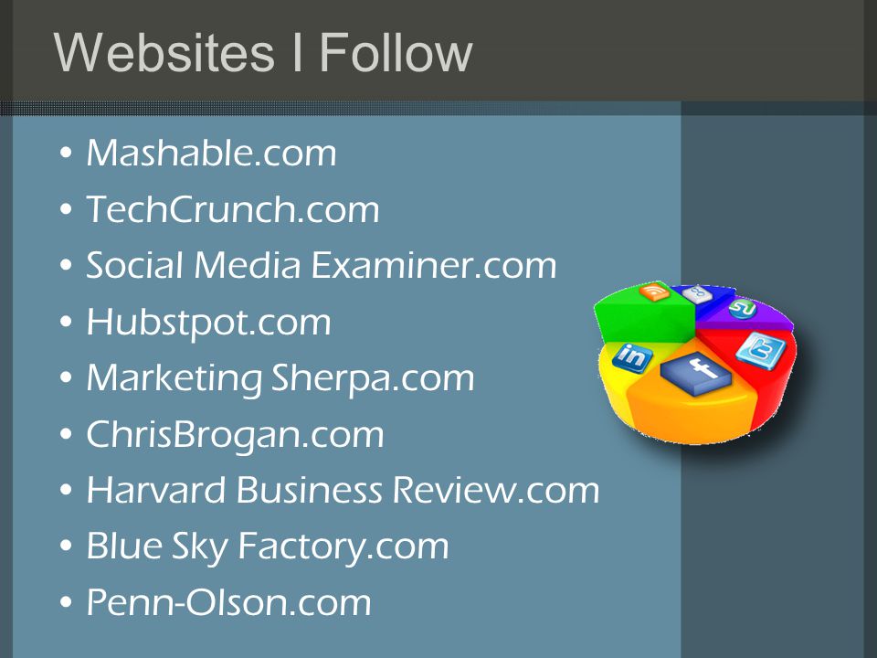 Websites I Follow Mashable.com TechCrunch.com Social Media Examiner.com Hubstpot.com Marketing Sherpa.com ChrisBrogan.com Harvard Business Review.com Blue Sky Factory.com Penn-Olson.com
