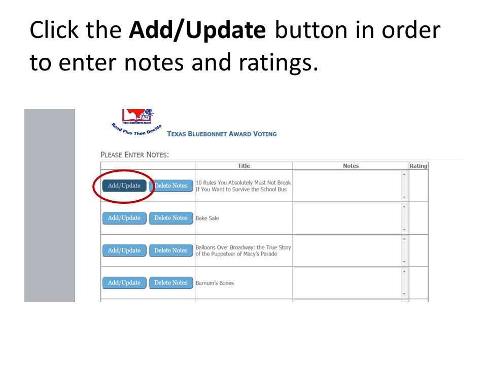 Click the Add/Update button in order to enter notes and ratings.