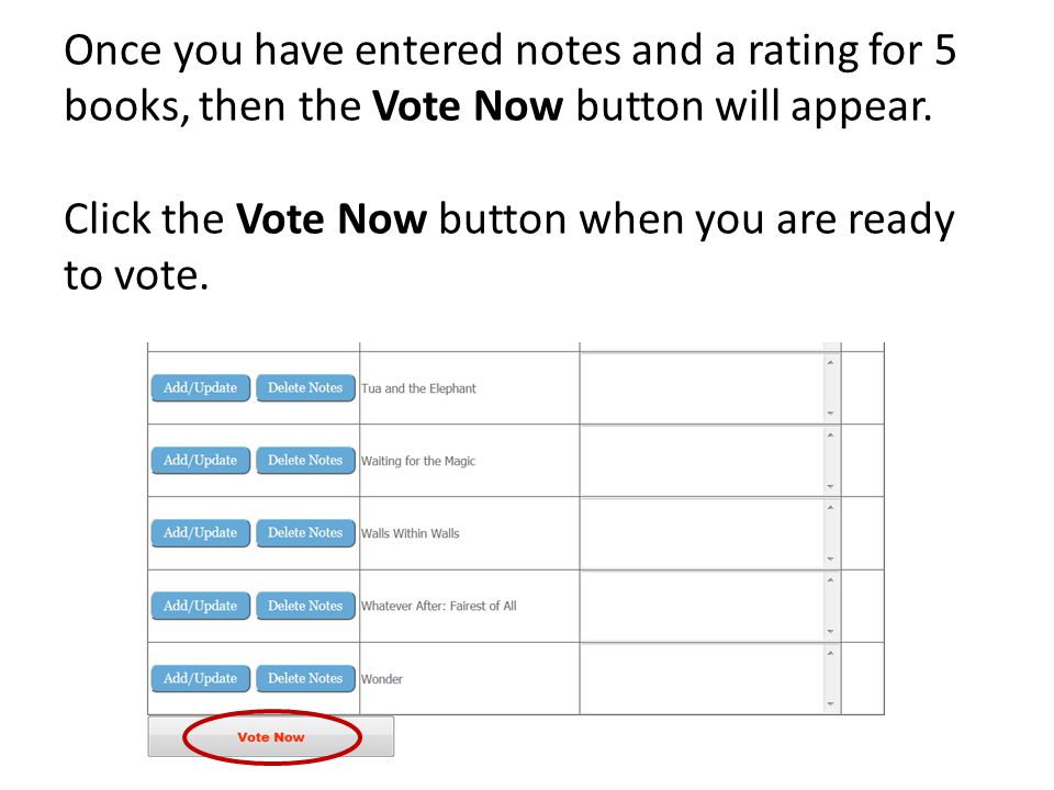 Once you have entered notes and a rating for 5 books, then the Vote Now button will appear.