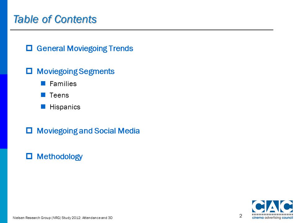 Table of Contents  General Moviegoing Trends  Moviegoing Segments Families Teens Hispanics  Moviegoing and Social Media  Methodology Source: Nielsen American Moviegoer Nielsen Research Group (NRG) Study 2012: Attendance and 3D