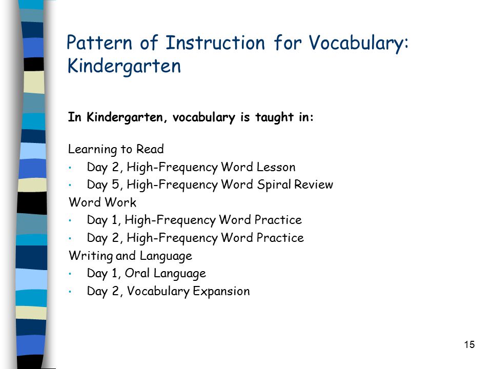 15 Pattern of Instruction for Vocabulary: Kindergarten In Kindergarten, vocabulary is taught in: Learning to Read Day 2, High-Frequency Word Lesson Day 5, High-Frequency Word Spiral Review Word Work Day 1, High-Frequency Word Practice Day 2, High-Frequency Word Practice Writing and Language Day 1, Oral Language Day 2, Vocabulary Expansion