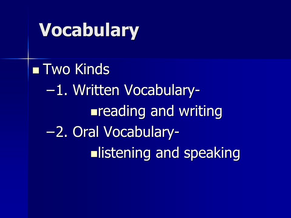 Vocabulary Two Kinds Two Kinds –1. Written Vocabulary- reading and writing reading and writing –2.