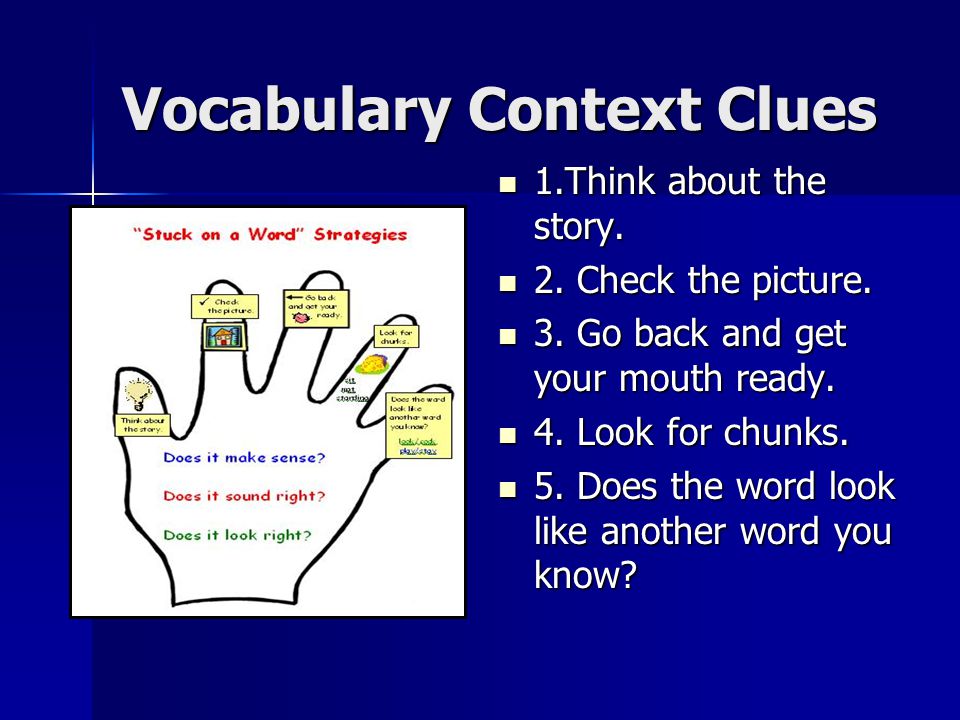 Vocabulary Context Clues 1.Think about the story. 1.Think about the story.