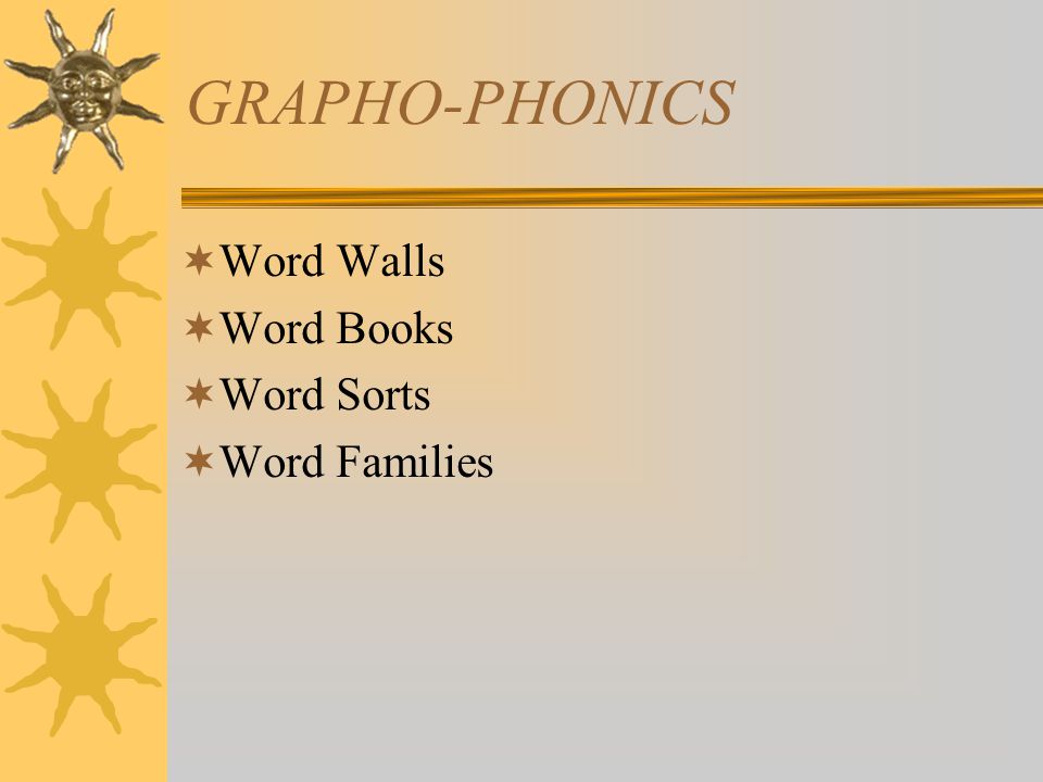GRAPHO-PHONICS  Word Walls  Word Books  Word Sorts  Word Families