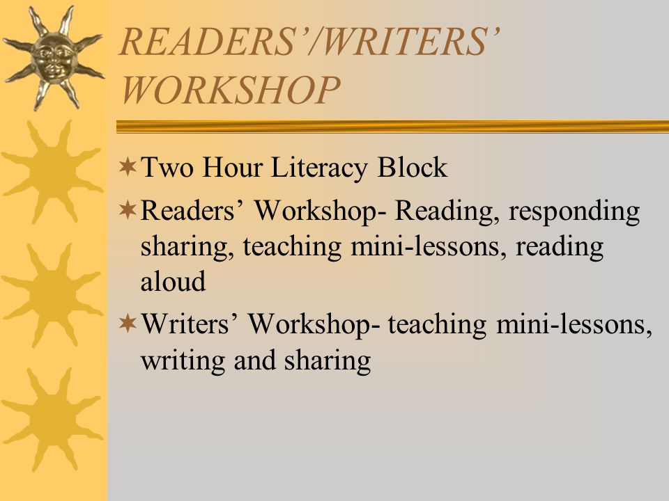 READERS’/WRITERS’ WORKSHOP  Two Hour Literacy Block  Readers’ Workshop- Reading, responding sharing, teaching mini-lessons, reading aloud  Writers’ Workshop- teaching mini-lessons, writing and sharing