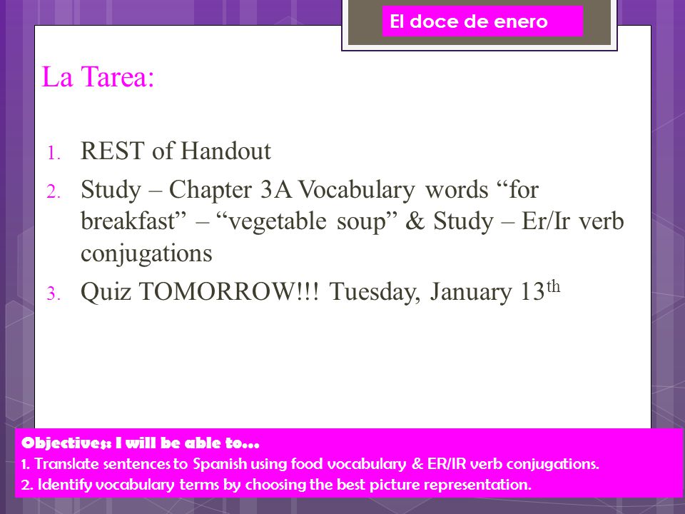 La Tarea:  REST of Handout  Study – Chapter 3A Vocabulary words for breakfast – vegetable soup & Study – Er/Ir verb conjugations  Quiz TOMORROW!!.