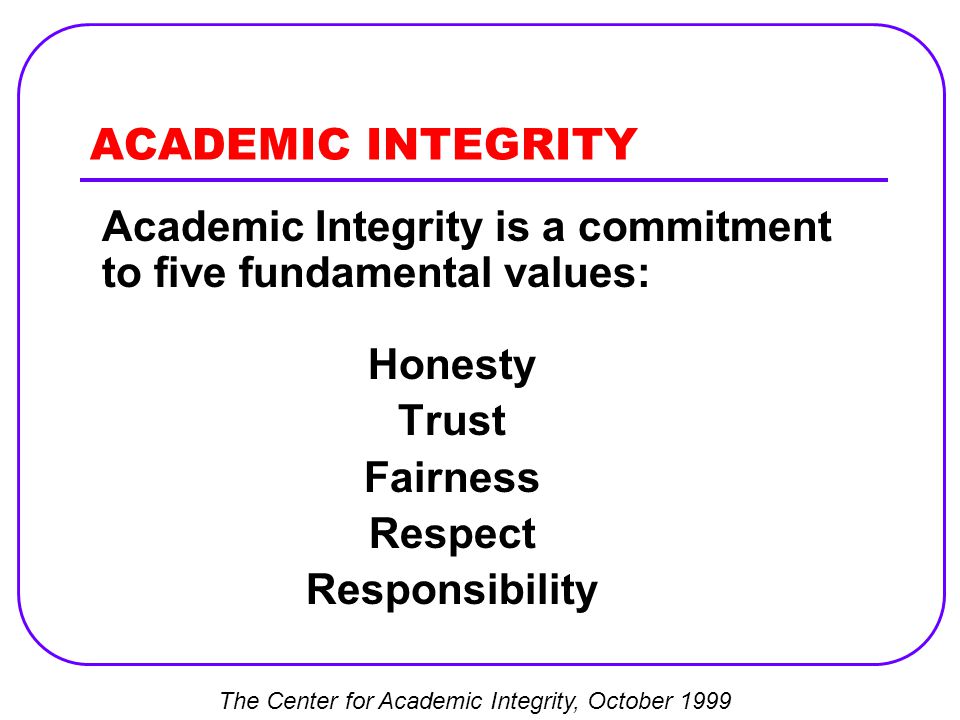ACADEMIC INTEGRITY Academic Integrity is a commitment to five fundamental values: Honesty Trust Fairness Respect Responsibility The Center for Academic Integrity, October 1999