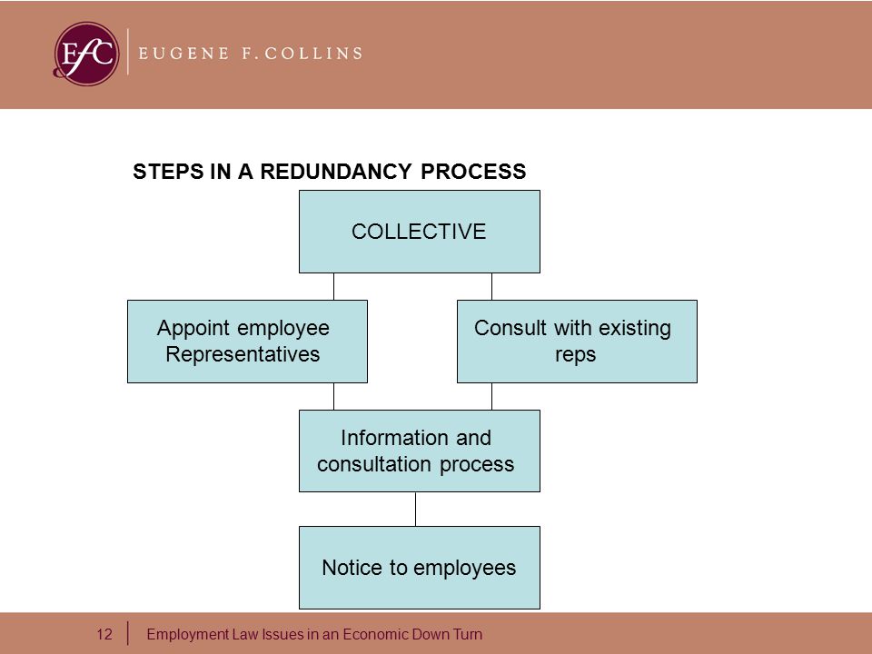 12 Employment Law Issues in an Economic Down Turn STEPS IN A REDUNDANCY PROCESS COLLECTIVE Appoint employee Representatives Consult with existing reps Information and consultation process Notice to employees