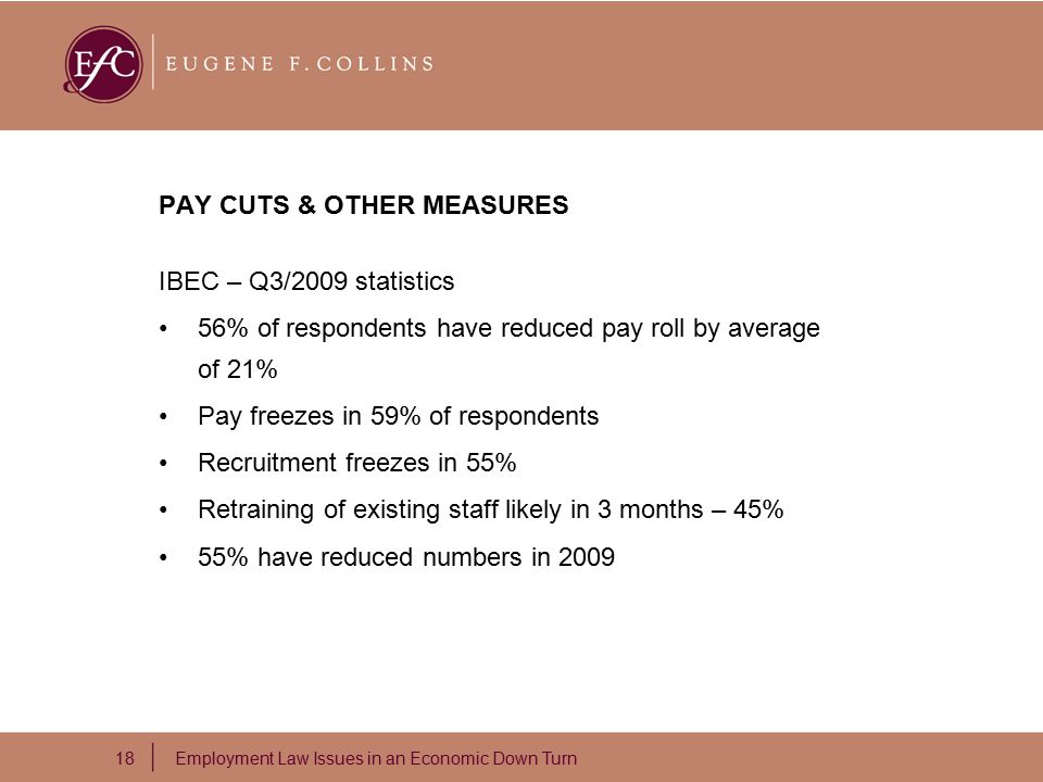 18 Employment Law Issues in an Economic Down Turn PAY CUTS & OTHER MEASURES IBEC – Q3/2009 statistics 56% of respondents have reduced pay roll by average of 21% Pay freezes in 59% of respondents Recruitment freezes in 55% Retraining of existing staff likely in 3 months – 45% 55% have reduced numbers in 2009