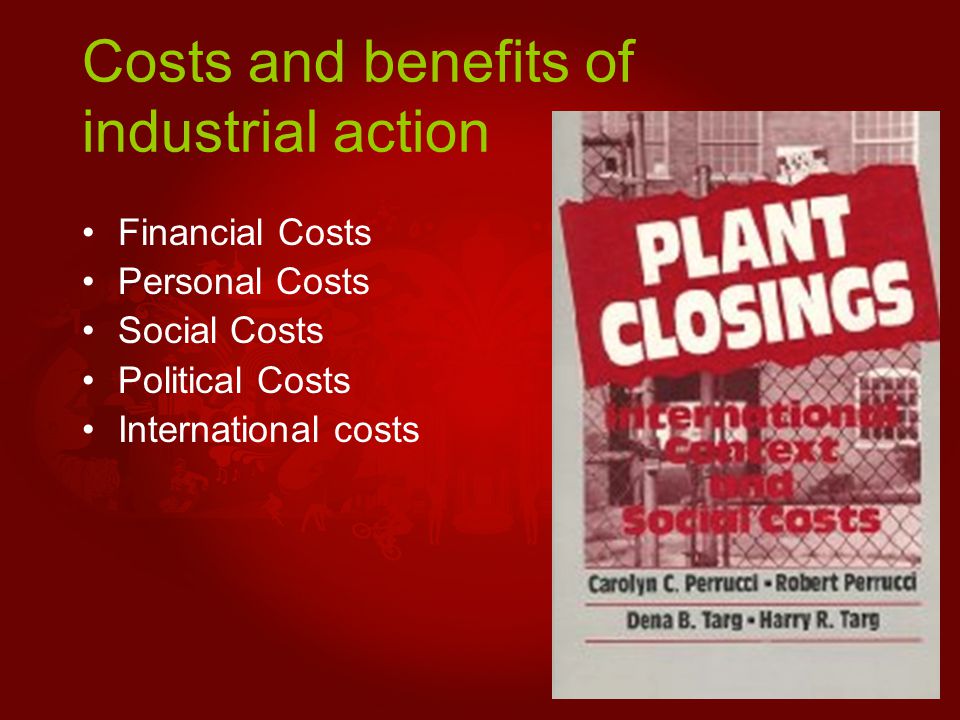 Costs and benefits of industrial action Financial Costs Personal Costs Social Costs Political Costs International costs