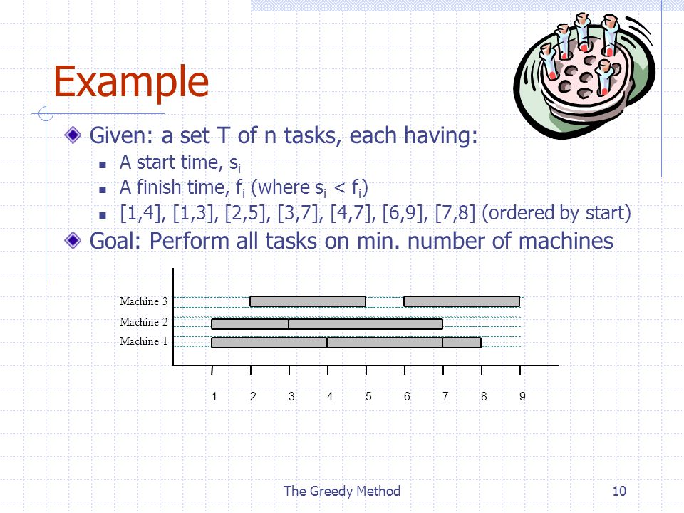 The Greedy Method10 Example Given: a set T of n tasks, each having: A start time, s i A finish time, f i (where s i < f i ) [1,4], [1,3], [2,5], [3,7], [4,7], [6,9], [7,8] (ordered by start) Goal: Perform all tasks on min.