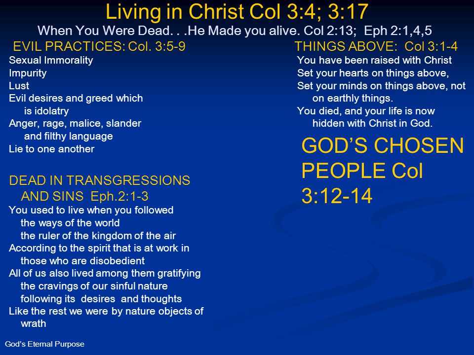 God’s Eternal Purpose Living in Christ Col 3:4; 3:17 When You Were Dead...He Made you alive.