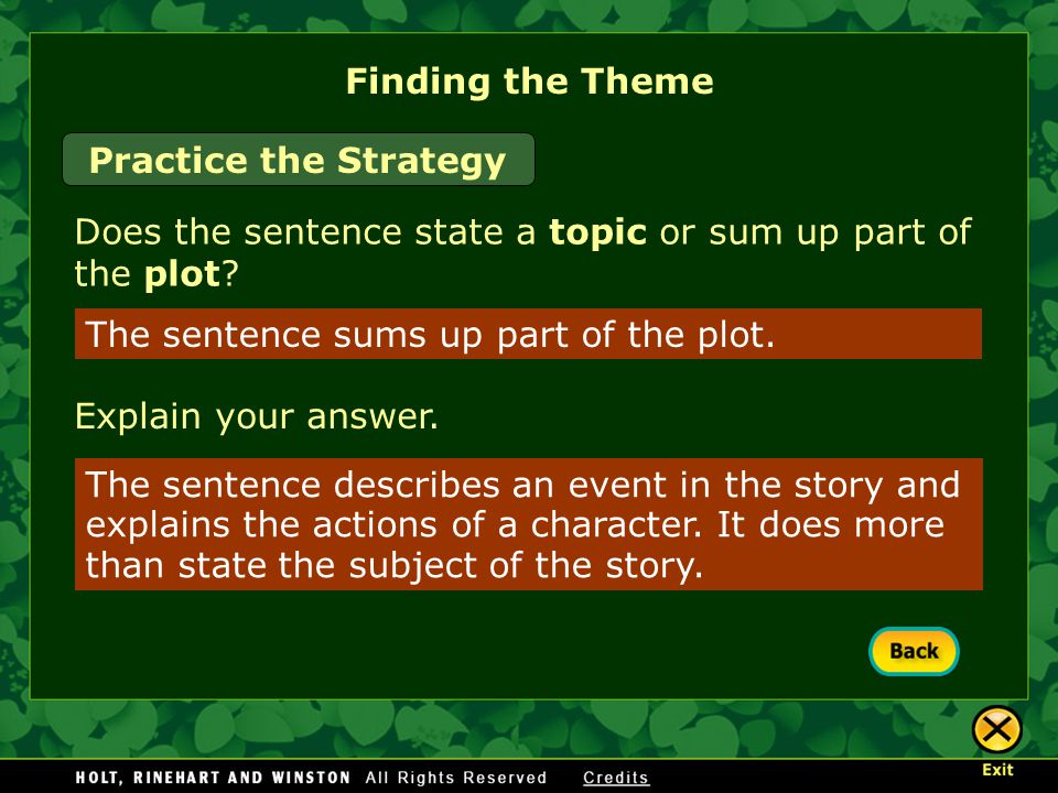 Finding the Theme Does the sentence state a topic or sum up part of the plot.