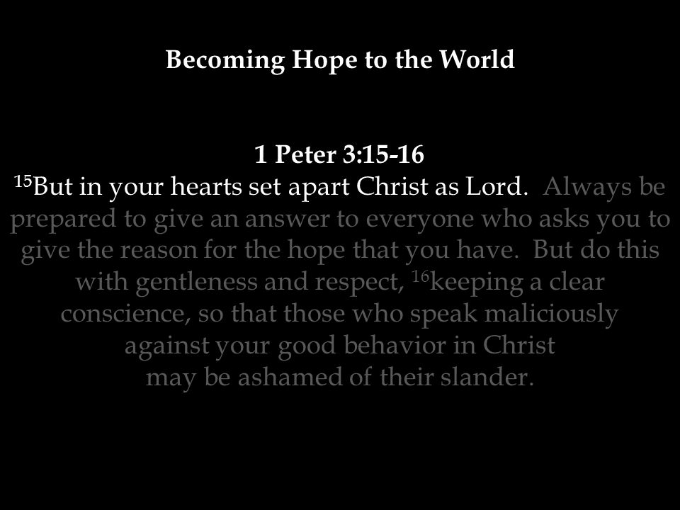 Becoming Hope to the World 1 Peter 3: But in your hearts set apart Christ as Lord.