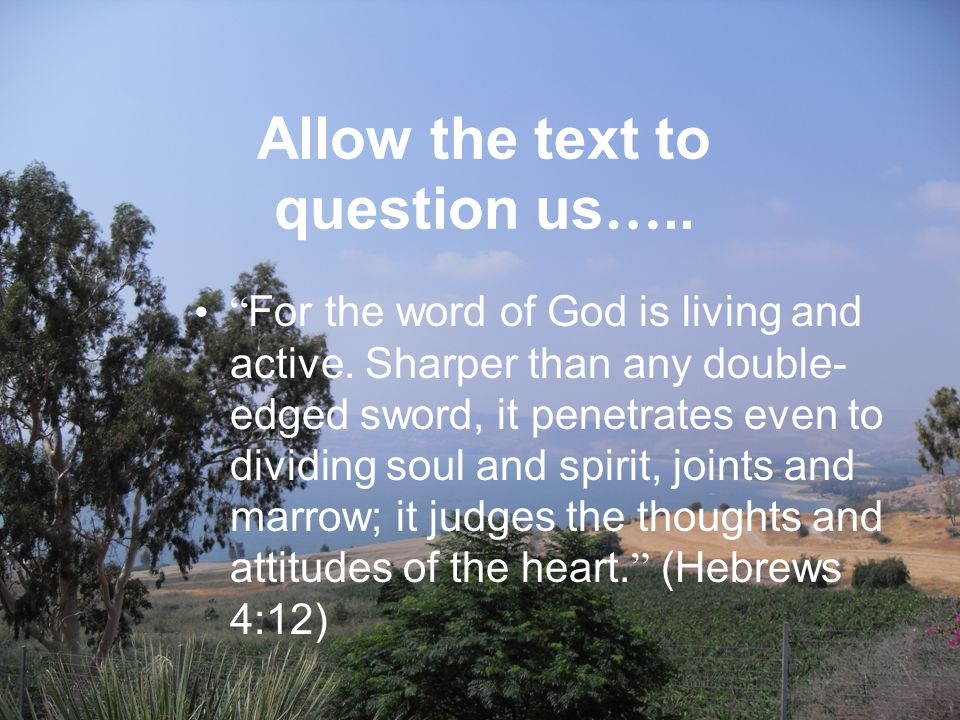Allow the text to question us ….. For the word of God is living and active.