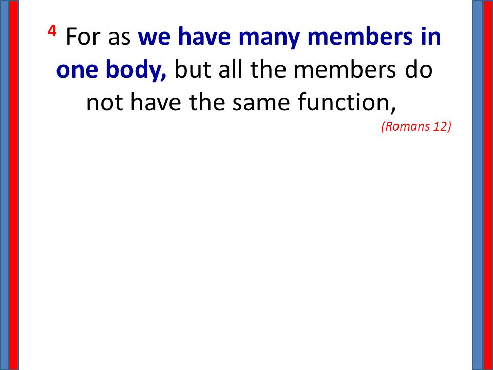 4 For as we have many members in one body, but all the members do not have the same function, (Romans 12)