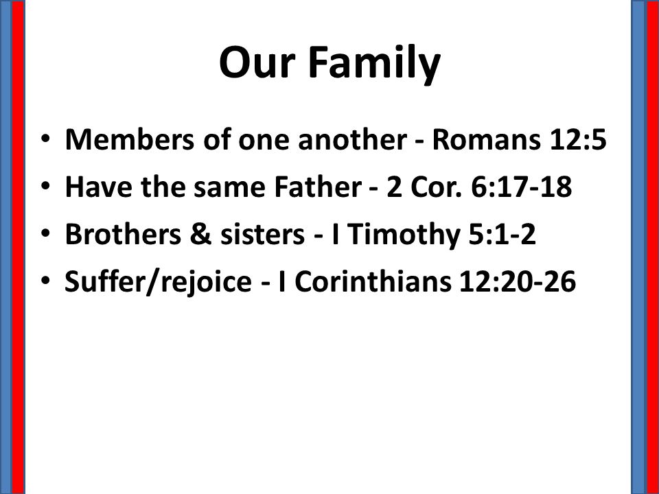 Our Family Members of one another - Romans 12:5 Have the same Father - 2 Cor.