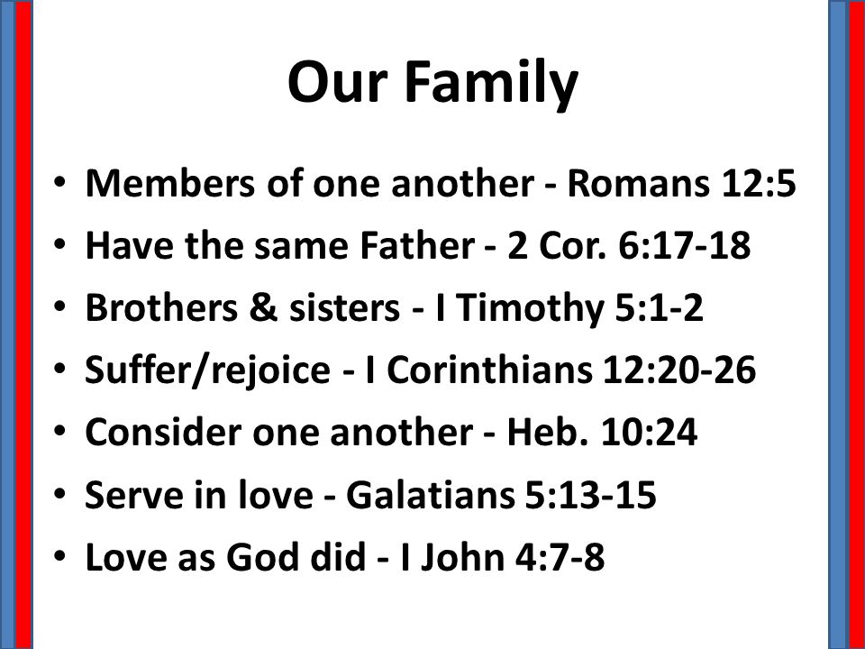 Our Family Members of one another - Romans 12:5 Have the same Father - 2 Cor.