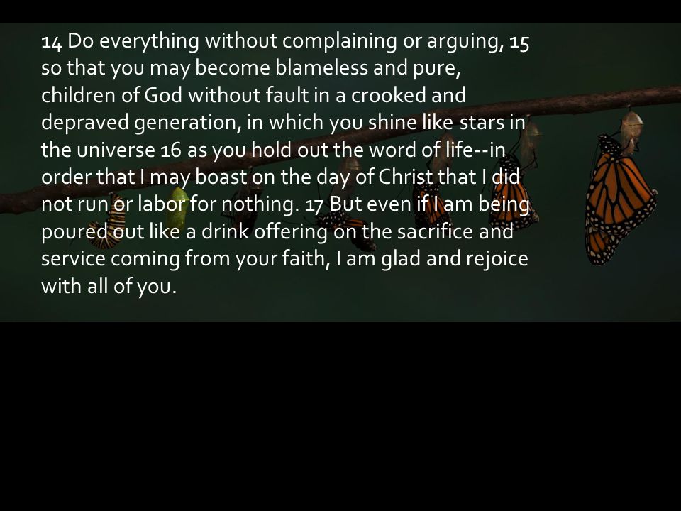 14 Do everything without complaining or arguing, 15 so that you may become blameless and pure, children of God without fault in a crooked and depraved generation, in which you shine like stars in the universe 16 as you hold out the word of life--in order that I may boast on the day of Christ that I did not run or labor for nothing.