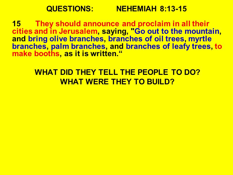QUESTIONS:NEHEMIAH 8: They should announce and proclaim in all their cities and in Jerusalem, saying, Go out to the mountain, and bring olive branches, branches of oil trees, myrtle branches, palm branches, and branches of leafy trees, to make booths, as it is written. WHAT DID THEY TELL THE PEOPLE TO DO.