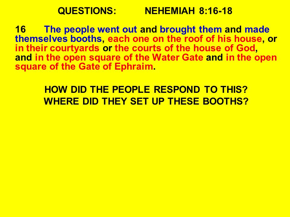 QUESTIONS:NEHEMIAH 8: The people went out and brought them and made themselves booths, each one on the roof of his house, or in their courtyards or the courts of the house of God, and in the open square of the Water Gate and in the open square of the Gate of Ephraim.
