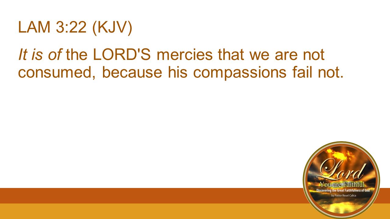 LAM 3:22 (KJV) It is of the LORD S mercies that we are not consumed, because his compassions fail not.