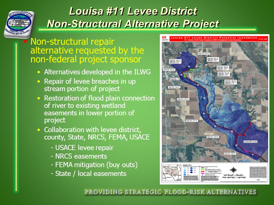 Louisa #11 Levee District Non-Structural Alternative Project  Non-structural repair alternative requested by the non-federal project sponsor Alternatives developed in the ILWG Repair of levee breaches in up stream portion of project Restoration of flood plain connection of river to existing wetland easements in lower portion of project Collaboration with levee district, county, State, NRCS, FEMA, USACE - USACE levee repair - NRCS easements - FEMA mitigation (buy outs) - State / local easements