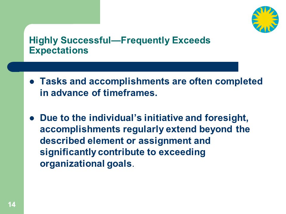 14 Highly Successful—Frequently Exceeds Expectations Tasks and accomplishments are often completed in advance of timeframes.