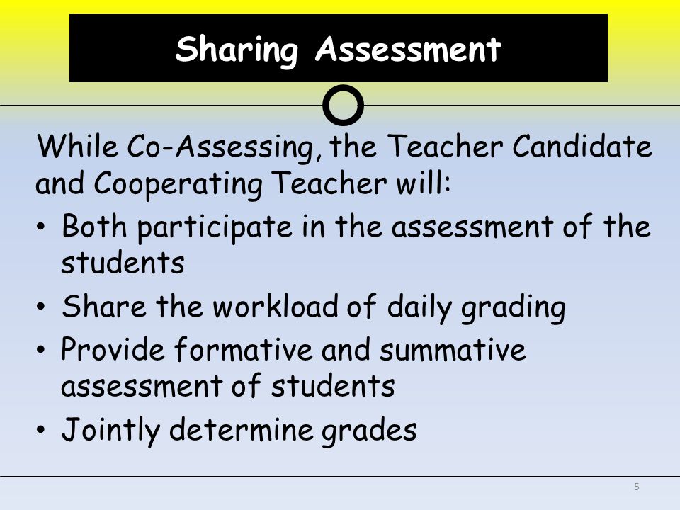Sharing Assessment While Co-Assessing, the Teacher Candidate and Cooperating Teacher will: Both participate in the assessment of the students Share the workload of daily grading Provide formative and summative assessment of students Jointly determine grades 5 Sharing Assessment