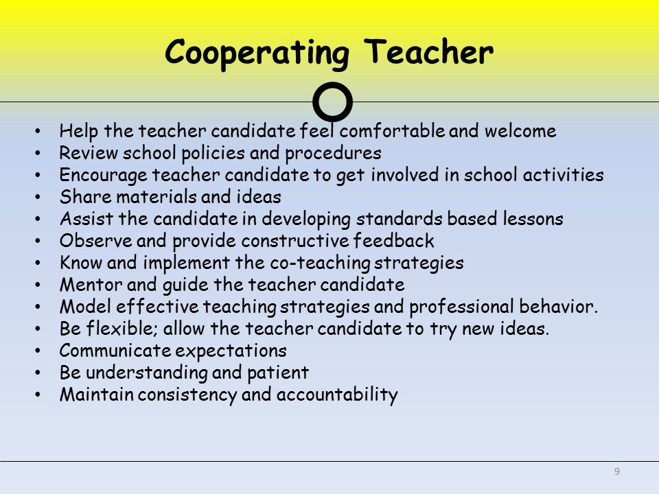 Help the teacher candidate feel comfortable and welcome Review school policies and procedures Encourage teacher candidate to get involved in school activities Share materials and ideas Assist the candidate in developing standards based lessons Observe and provide constructive feedback Know and implement the co-teaching strategies Mentor and guide the teacher candidate Model effective teaching strategies and professional behavior.