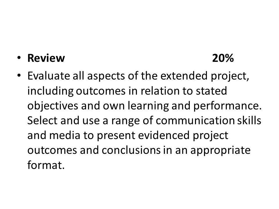 Review20% Evaluate all aspects of the extended project, including outcomes in relation to stated objectives and own learning and performance.
