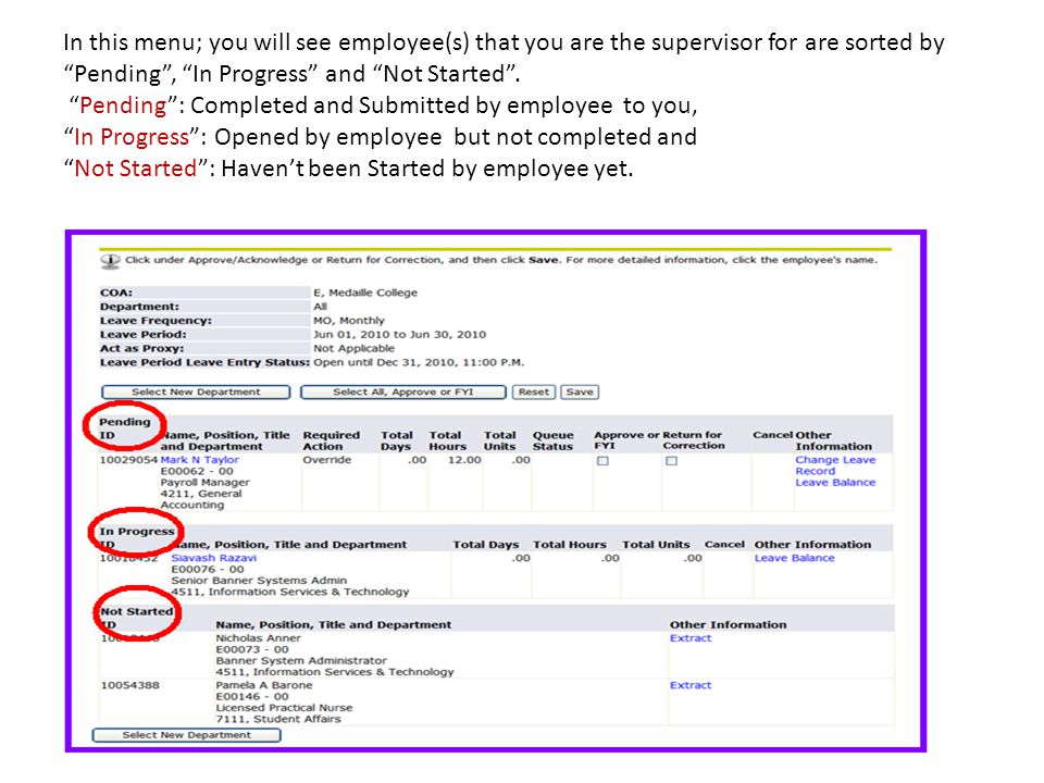 In this menu; you will see employee(s) that you are the supervisor for are sorted by Pending , In Progress and Not Started .