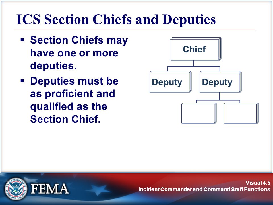 Visual 4.5 Incident Commander and Command Staff Functions ICS Section Chiefs and Deputies  Section Chiefs may have one or more deputies.