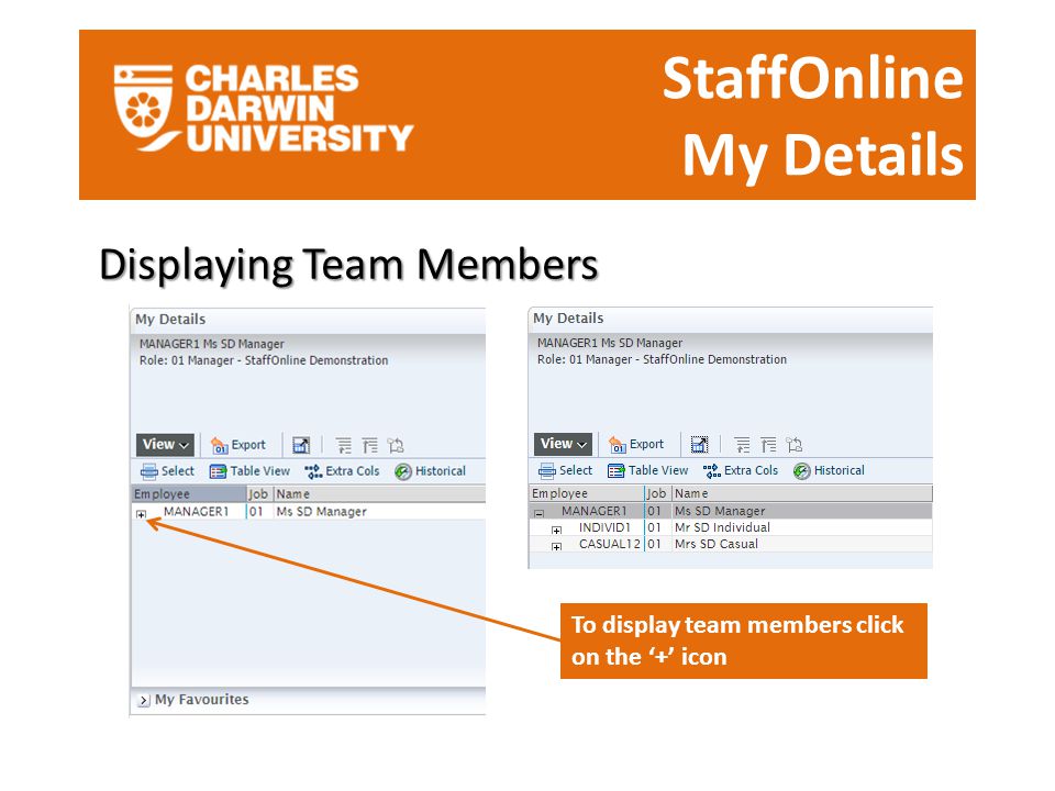 StaffOnline My Details Displaying Team Members To display team members click on the ‘+’ icon