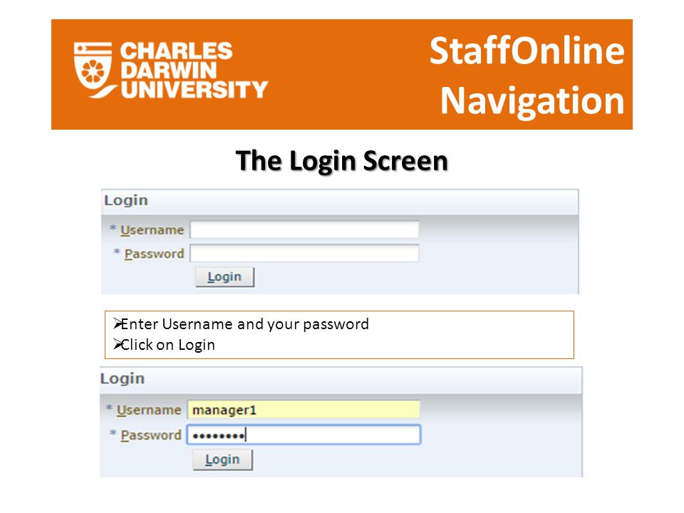 StaffOnline Navigation The Login Screen  Enter Username and your password  Click on Login