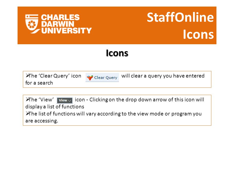 StaffOnline Icons Icons  The ‘Clear Query’ icon will clear a query you have entered for a search  The ‘View’ icon - Clicking on the drop down arrow of this icon will display a list of functions  The list of functions will vary according to the view mode or program you are accessing.