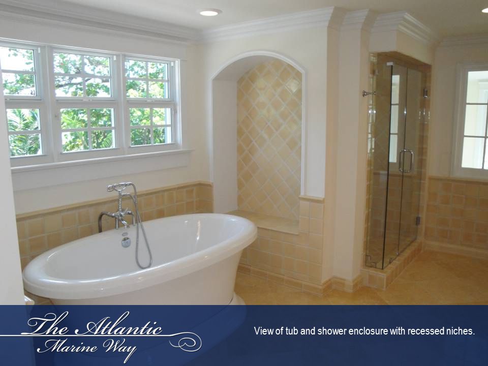 View of tub and shower enclosure with recessed niches.