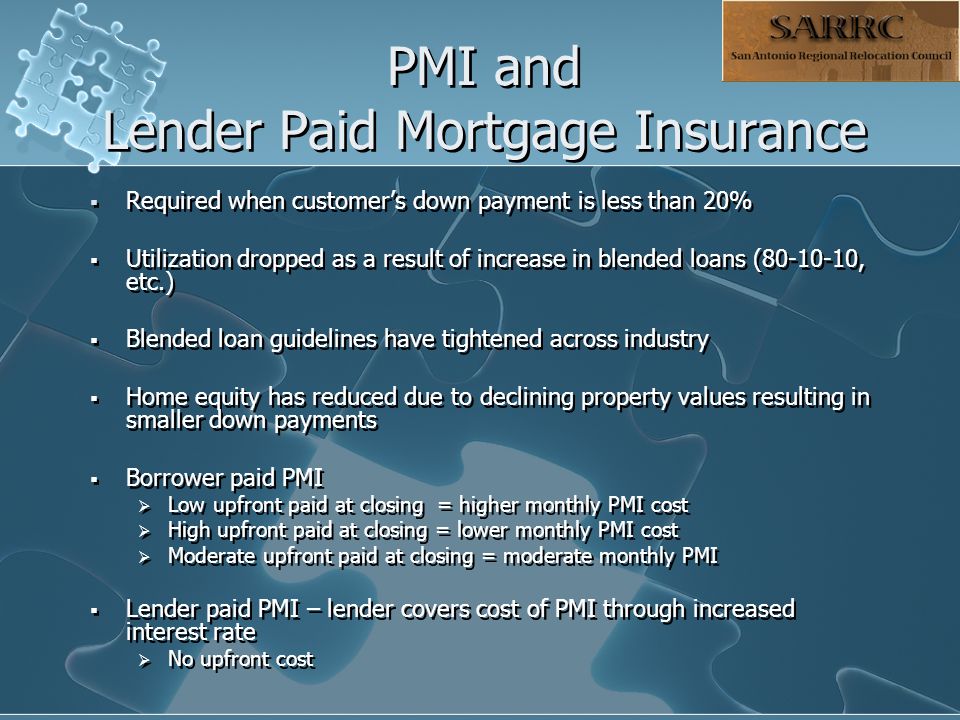 PMI and Lender Paid Mortgage Insurance  Required when customer’s down payment is less than 20%  Utilization dropped as a result of increase in blended loans ( , etc.)  Blended loan guidelines have tightened across industry  Home equity has reduced due to declining property values resulting in smaller down payments  Borrower paid PMI  Low upfront paid at closing = higher monthly PMI cost  High upfront paid at closing = lower monthly PMI cost  Moderate upfront paid at closing = moderate monthly PMI  Lender paid PMI – lender covers cost of PMI through increased interest rate  No upfront cost  Required when customer’s down payment is less than 20%  Utilization dropped as a result of increase in blended loans ( , etc.)  Blended loan guidelines have tightened across industry  Home equity has reduced due to declining property values resulting in smaller down payments  Borrower paid PMI  Low upfront paid at closing = higher monthly PMI cost  High upfront paid at closing = lower monthly PMI cost  Moderate upfront paid at closing = moderate monthly PMI  Lender paid PMI – lender covers cost of PMI through increased interest rate  No upfront cost